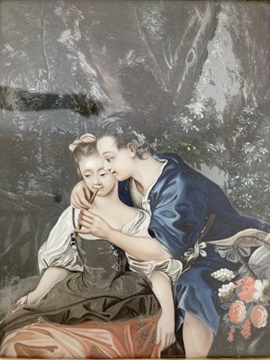 Lot 59 - A CHINESE EXPORT REVERSE GLASS PAINTING OF A EUROPEAN COUPLE, QING DYNASTY, 18TH CENTURY