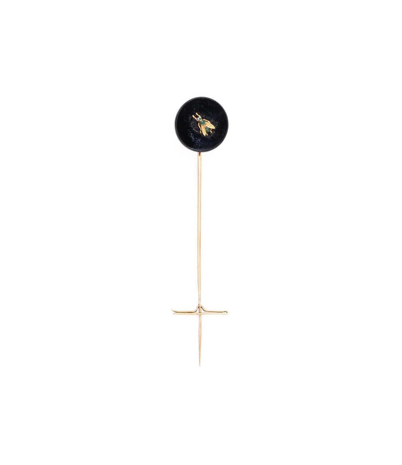 Lot 346 - GOLD, ENAMEL AND ONYX STICK PIN, 1870s
