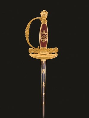 Lot 184 - A FINE FRENCH GOLD-HILTED SWORD WITH RED JASPER GRIP PRESENTED TO BARON MORGAN DE BELLOY