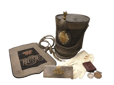 Lot 243 - AN OFFICER'S LIGHT DRAGOON PATTERN 'BELL TOP' SHAKO, SABRETACHE, POUCH AND MISCELLANEOUS ITEMS