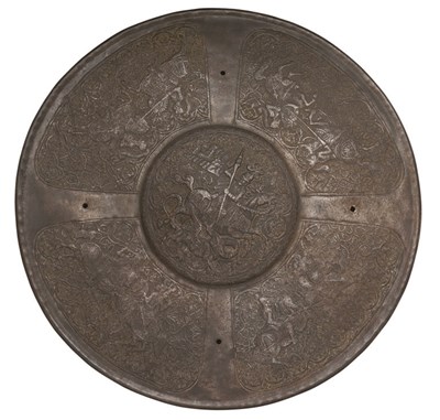 Lot 292 - A CIRCULAR STEEL SHIELD IN RENAISSANCE STYLE