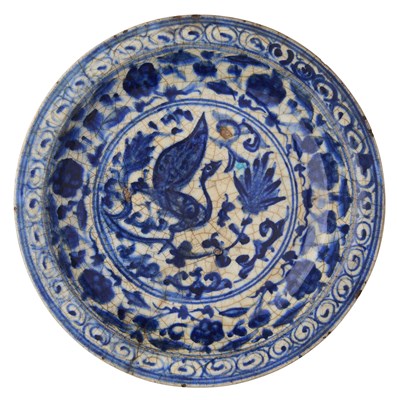 Lot 31 - A 'KUBACHI' BLUE AND WHITE DISH, PROBABLY TABRIZ, PERSIA, CIRCA 16TH CENTURY