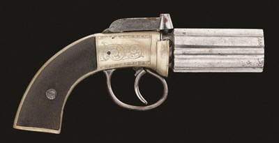 Lot 343 - **A 120 BORE SIX-SHOT PERCUSSION PEPPERBOX REVOLVER SIGNED BOURNE