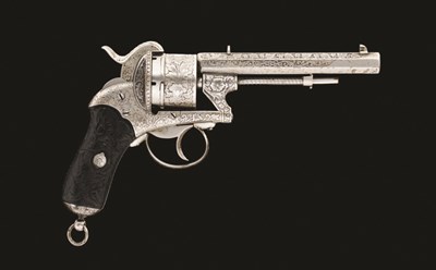 Lot 345 - A 54 BORE FRENCH ETCHED CHAMELOT-DELVIGNE PATENT SIX-SHOT PINFIRE REVOLVER BY LEPAGE MOUTIER FAURE A