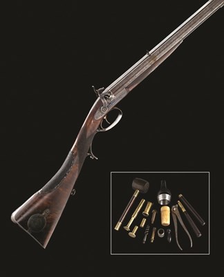 Lot 353 - A FINE CASED 16 BORE PERCUSSION DOUBLE RIFLE BY JAMES PURDEY