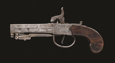 Lot 366 - A 40 BORE PERCUSSION POCKET PISTOL WITH FOLDING BAYONET BY DUNDERDALE