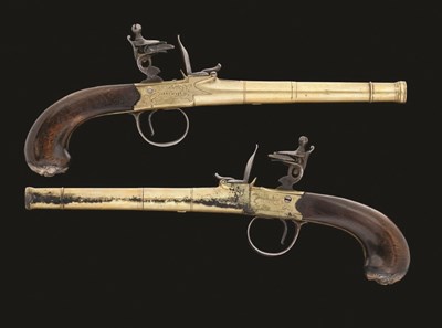 Lot 370 - A PAIR OF 28 BORE FLINTLOCK CANNON BARRELLED PISTOLS BY HADLEY