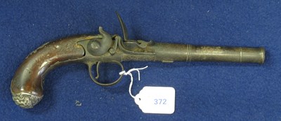 Lot 372 - A 22 BORE SILVER-MOUNTED FLINTLOCK TURN-OFF PISTOL BY J. ADAMS