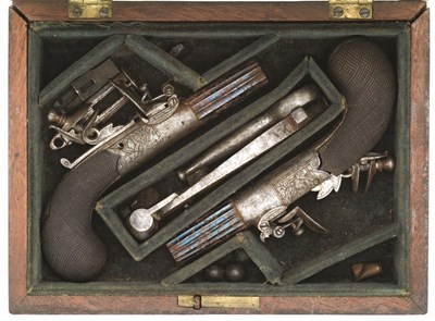 Lot 373 - A PAIR OF 100 BORE FLINTLOCK POCKET PISTOLS