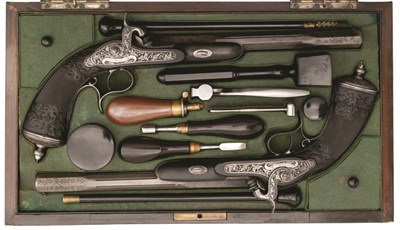 Lot 381 - A FINE CASED PAIR OF 40 BORE FRENCH RIFLED PERCUSSION TARGET PISTOLS BY GASTINNE-RENETTE ARQUEBUSIER