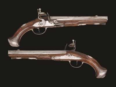 Lot 382 - A PAIR OF 28 BORE FRENCH FLINTLOCK PISTOLS BY JOSEPH LAMOTTE