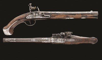 Lot 383 - A PAIR OF 22 BORE AUSTRIAN FLINTLOCK HOLSTER PISTOLS