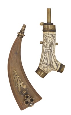 Lot 414 - A GERMAN POWDER-FLASK AND AN AUSTRIAN COMBINED POWDER-FLASK AND WHEEL-LOCK KEY