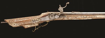 Lot 441 - AN 18 BORE WHEEL-LOCK SPORTING RIFLE IN GERMAN 16TH CENTURY STYLE