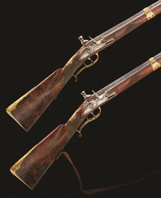 Lot 445 - A PAIR OF 22 BORE BAVARIAN FLINTLOCK SPORTING RIFLES BY CHRISTOPH JOSEPH FREY IN MUNCHEN