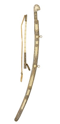 Lot 23 - â€¡ËœA FINE CAUCASIAN GOLD INLAID IVORY AND SILVER-MOUNTED PRESENTATION SABRE (SHASQA) AND WHIP