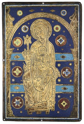 Lot 42 - A CHAMPLEVE ENAMEL PANEL OF THE MADONNA AND CHILD, LIMOGES 13TH CENTURY STYLE