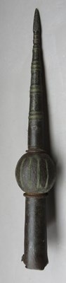 Lot 108 - THREE INDIAN SWORDS (TALWAR), AND TWO AXES, AND A SPEAR FINIAL