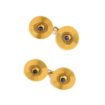 Lot 377 - PAIR OF GOLD AND SAPPHIRE CUFFLINKS, 1955