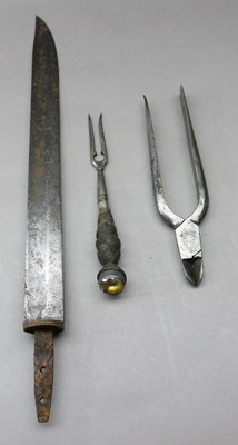 Lot 328 - A FORK FOR ACCOMPANYING A DRESS DIRK, A DETACHED DAGGER BLADE AND A PAIR OF SIDE-CUTTERS