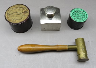 Lot 353 - â€¡TWO PERCUSSION CAP TINS, AN OIL BOTTLE AND A POWDER MEASURE