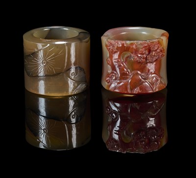 Lot 73 - TWO CHINESE CARVED AGATE ARCHERS RINGS, QING DYNASTY, 19TH CENTURY