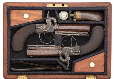 Lot 382 - â€¡A CASED PAIR OF 40 BORE PERCUSSION TRAVELLING PISTOLS BY MORTIMER