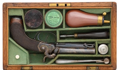 Lot 383 - â€¡A CASED 83 BORE D.B. PERCUSSION TRAVELLING PISTOL BY T.J.MORTIMER