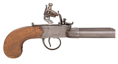 Lot 393 - â€¡A VERY RARE FLINTLOCK 50 BORE FOUR-SHOT VOLLEY PISTOL OF 'DUCK'S FOOT' TYPE BY H.W.MORTIMER & SON