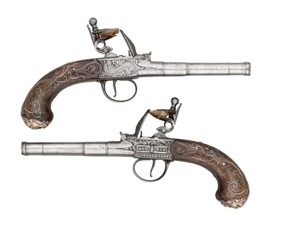 Lot 397 - â€¡A FINE PAIR OF 40 BORE D.B. SINGLE TRIGGER SILVER-MOUNTED FLINTLOCK CARRIAGE PISTOLS BY MORTIMER