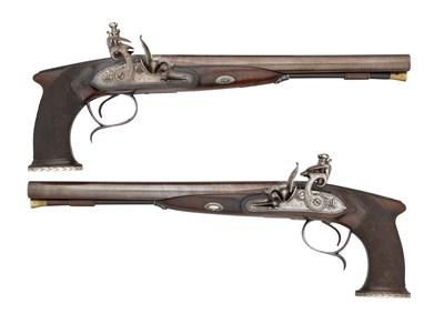 Lot 398 - â€¡A FINE AND RARE PAIR OF 28 BORE D.B. FLINTLOCK SINGLE-TRIGGER SAW-HANDLED CARRIAGE PISTOLS BY