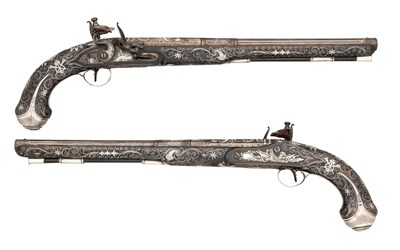 Lot 399 - â€¡A VERY FINE PAIR OF 20 BORE SILVER-MOUNTED FLINTLOCK LONG HOLSTER PISTOLS FOR PRESENTATION TO AN