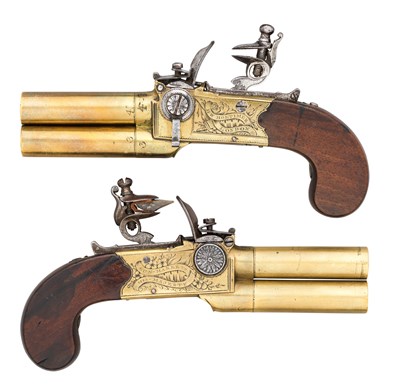 Lot 400 - â€¡A PAIR OF 50 BORE FLINTLOCK TAP-ACTION OVER-AND-UNDER PISTOLS BY H.W.MORTIMER