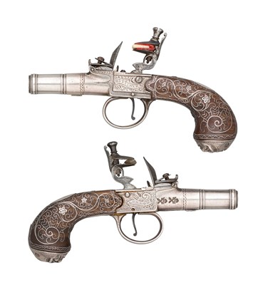 Lot 401 - â€¡AN EXCEPTIONAL PAIR OF 120 BORE FLINTLOCK BOX-LOCK POCKET PISTOLS WITH SILVER BARRELS