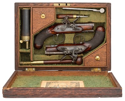 Lot 402 - â€¡A CASED PAIR OF 40 BORE FLINTLOCK TRAVELLING PISTOLS BY H.W.MORTIMER