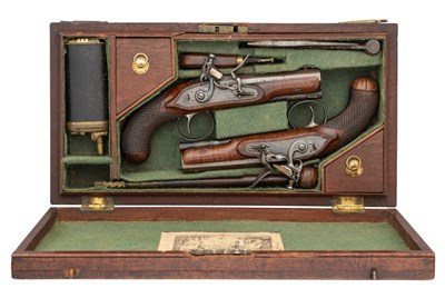 Lot 403 - â€¡A CASED PAIR OF 40 BORE FLINTLOCK TRAVELLING PISTOLS BY H.W.MORTIMER & SON