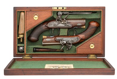 Lot 404 - â€¡A CASED PAIR OF 34 BORE FLINTLOCK TRAVELLING PISTOLS BY T.J.MORTIMER