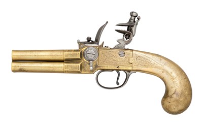 Lot 405 - â€¡A RARE 80 BORE FOUR-BARRELLED FLINTLOCK TAP-ACTION PISTOL BY HARVEY WALKLATE (1) MORTIMER