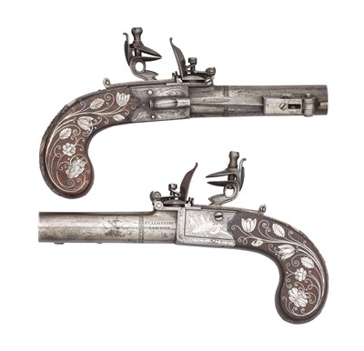 Lot 407 - â€¡A FINE PAIR OF 32 BORE FLINTLOCK POCKET PISTOLS BY MORTIMER & SON