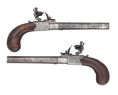 Lot 415 - â€¡A PAIR OF 28 BORE FLINTLOCK TRAVELLING PISTOLS BY H.W.MORTIMER