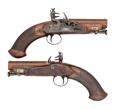 Lot 416 - â€¡A PAIR OF 15 BORE FLINTLOCK TRAVELLING PISTOLS BY T.J.MORTIMER