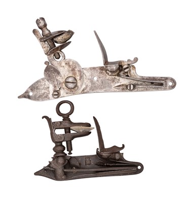 Lot 433 - TWO DETACHED DOG-LOCKS, A DETACHED FLINTLOCK, AND A COMBINATION KEY AND MATCHLOCK PISTOL