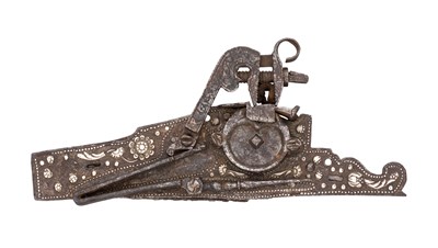 Lot 436 - A RARE NORTH EUROPEAN SILVER-ENCRUSTED DETACHED WHEEL-LOCK MECHANISM FROM A SMALL PISTOL