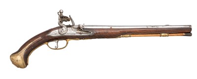 Lot 447 - AN 18 BORE LIÃˆGOIS FLINTLOCK LONG HOLSTER PISTOL BY LECOMTE A LIÃˆGE