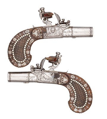 Lot 453 - A FINE CASED PAIR OF 34 BORE LIÃˆGOIS FLINTLOCK POCKET PISTOLS SIGNED MORISEAU Ã€ PARIS