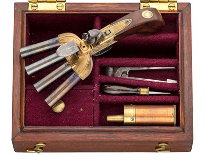 Lot 455 - â€¡A CASED MINIATURE FLINTLOCK FOUR-SHOT DUCK'S-FOOT PISTOL