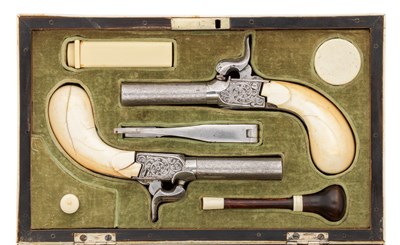 Lot 472 - â€¡ËœA CASED PAIR OF 120 BORE D.B. PERCUSSION PISTOLS