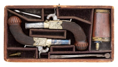 Lot 475 - â€¡A CASED PAIR OF 14 BORE PERCUSSION POCKET PISTOLS BY DOOLEY