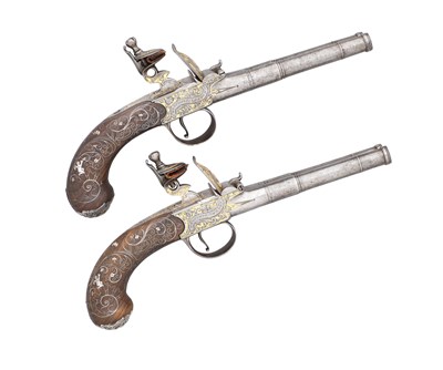 Lot 480 - â€¡A PAIR OF 40 BORE D.B. SINGLE TRIGGER FLINTLOCK CARRIAGE PISTOLS BY MORTIMER