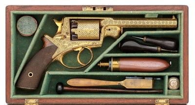 Lot 494 - A FINE CASED 54 BORE INDIAN DECORATED ADAM'S PATENT FIVE-SHOT PERCUSSION DOUBLE-ACTION REVOLVER